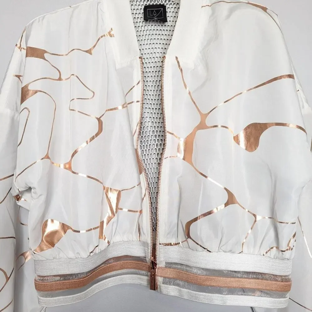 Lime & Vine White Rose Gold Swirl Pattern Cropped Jacket Long Sleeve Zip Up M - Picture 6 of 12